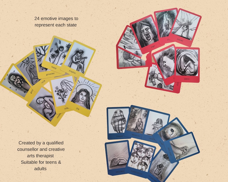 May include: A set of 24 cards featuring black and white illustrations of people expressing various emotions. The cards are grouped into three sets, each with a different coloured border: red, yellow, and blue. The text on the cards includes words such as "joy", "sad", "angry", and "calm".