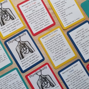 May include: A set of colourful cards with illustrations of the human body and text describing different physiological states. The cards are labelled with terms like "Fight or Flight", "Social Engagement", "Freeze", and "Activation".