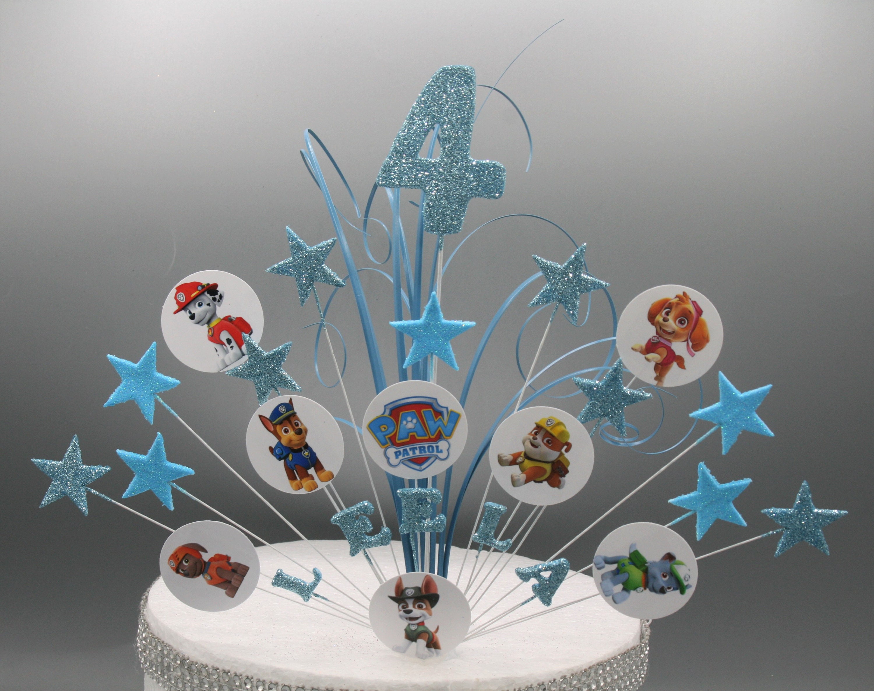 Stars on wires Paw Patrol Glittered/Non Glittered Cake Topper Cake Decoration personalised 1st 2nd 3rd 4th 5th 6th 7th 8th 9th 10th any age any colours 005