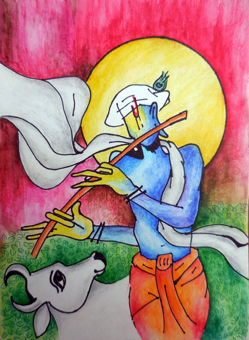 Krishna Mixed Media Colored Drawing handmade Art indian God Etsy