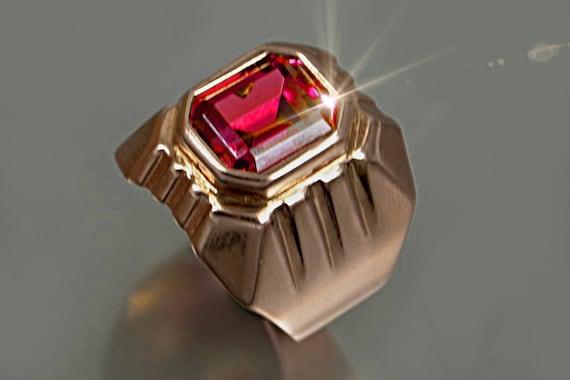 14 KT Solid Gold Men Signet Ring Ruby, Solid Rose