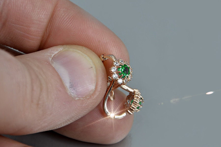 14 KT Russian Emerald Solid Gold Little Earrings 585 Russian | Etsy