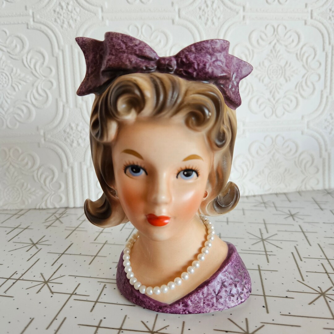 Lady Head Vase Relpo Japan Pearls Purple Bow Teen K1696 Etsy