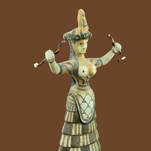 Minoische Schlangengöttin Statue, kleine Gips Skulptur mit weißem und farbigem Patina Sammlerstück Griechisches Museum Inspiriert Replik