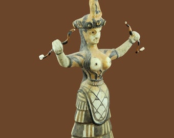 Minoan Snake Goddess Statue, Small Plaster Sculpture With White And Colored Patina Collectible Greek Museum Inspired Replica