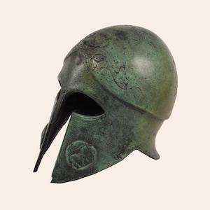 Bronze Corinthian Greek Helmet Engraved Charioteer And Ram Helmet Ancient Greek Warrior Helmets Collectible Art Verdigris Finish Sculpture