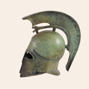 Greek Spartan Corinthian Helmet With Snake Crest Engraved Adornment Greek Bronze Warrior Helmet Museum Replica Verdigris Finish Sculpture