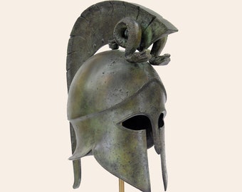 Spartanischer korinthischer Helm, griechischer Kriegerhelm mit Schlangen, massiver antiker griechischer Helm aus Bronze, Troianischer Krieg, Wohnkultur