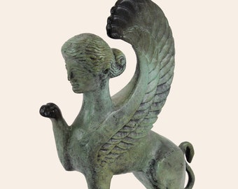 Esfinge griega Escultura de bronce Hecha a mano Esfinge Arte Estatua coleccionable Museo griego Copia inspirada Verdigris Efecto pátina Artefacto histórico