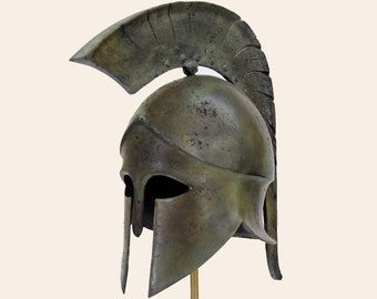Spartan Real Size Helmet Corinthian Craftmanship Solid Bronze Museum Reproduction Crest With Bronze Pins Greek Handmade Art Verdigris Finish