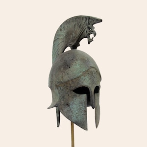 Spartan Helmet With Griffin Crest Solid Aged Bronze Ancient Greek Corinthian Helmet Museum Reproduction Trojan War Verdigris Finish