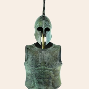 Spartan Corinthian Cuirass With Helmet Ancient Greek Warrior Bronze Art Armor Home Decor Antique Style Old School Craftmanship Verdigris
