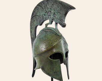 Corinthian Spartan Helmet Anthemion And Gorgonion Crest Bronze Sculpture Art Hellenic Museum Copy Verdigris Effect Patina Handmade Helmet