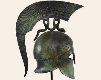 Ancient Greek Corinthian Helmet Coiling Snake Crest And Marble Base Bronze Sculpture Art Greek Museum Replica Helmet Verdigris Finish