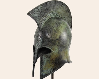 Meandros Crested Helmet Ancient Greek Bronze Corinthian Helmet Greek Key Sculpture Greek Museum Reproduction Handmade Artifact Verdigris