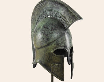 Ancient Greek Spartan Warrior Helmet Meander Crested Helmet Solid Bronze Sculpture Greek Museum Replica Artifact