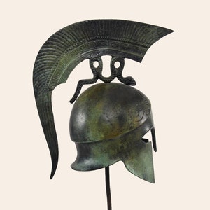 Ancient Greek Corinthian Helmet Coiling Snake Crest And Marble Base Bronze Sculpture Art Greek Museum Replica Helmet Verdigris Finish