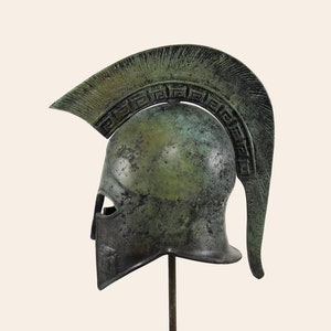 Meandros Crested Helmet Ancient Greek Bronze Corinthian Helmet Greek Key Sculpture Greek Museum Reproduction Handmade Artifact Verdigris