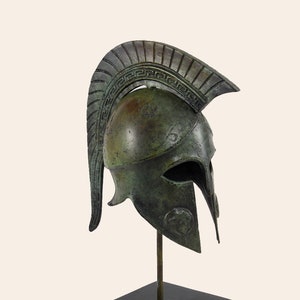 Meandros Crested Helmet Ancient Greek Bronze Corinthian Helmet Greek Key Sculpture Greek Museum Reproduction Handmade Artifact Verdigris