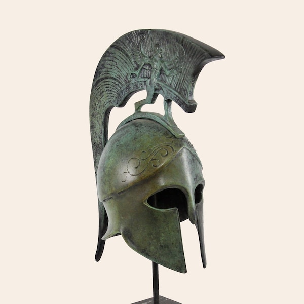 Corinthian Spartan Helmet Anthemion And Gorgonion Crest Bronze Sculpture Art Hellenic Museum Copy Verdigris Effect Patina Handmade Helmet