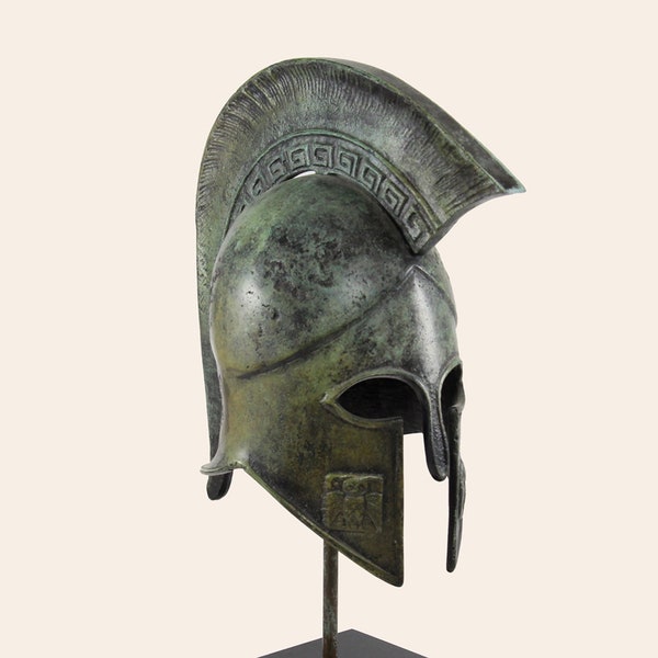 Ancient Greek Spartan Warrior Helmet Meander Crested Helmet Solid Bronze Sculpture Greek Museum Replica Artifact