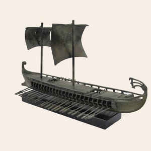 Trireme bronze ship statue table top display, Penteconter ship porestone greek history, army nautic historical bronze statue