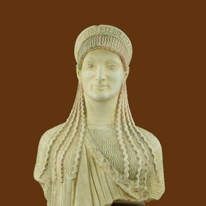 Korai Bust Akropolis of Athens Statue Ancient Greek Sculpture Museum Reproduction Handmade Artwork Plaster Cast White Patina on Marble Base