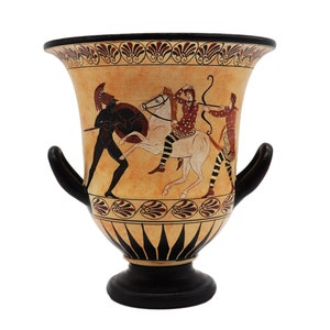 Greek pottery, Krater Vase, Black Figure Pottery, Ancient Greek Vase, Amphora with Achilles, Handmade replica, Ceramic vases, Krater Vessel image 1