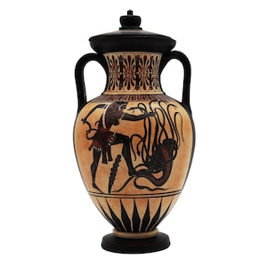 Ancient greek, Amphora vase, Hercules and Lernaean Hydra, Black Figure Pottery, Greek Goddess Athena, Handmade Pottery Replica, Amphora pot