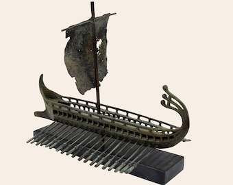 Estatua de bronce del barco Trirreme, antiguo buque de guerra griego, estatua de recipiente hecha a mano, decoración de arte marino, penteconter griego, artefacto trirreme de bronce