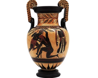 クラテル 古代ギリシャの陶器、ヘラクレスと戦う戦士、黒像、手作りの