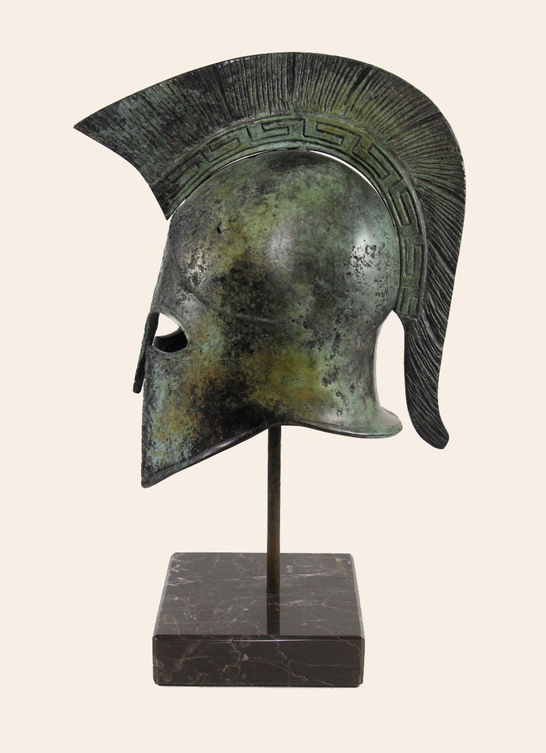 Meandros Crested Helmet Ancient Greek Bronze Corinthian Helmet Greek Key Sculpture Greek Museum Reproduction Handmade Artifact Verdigris
