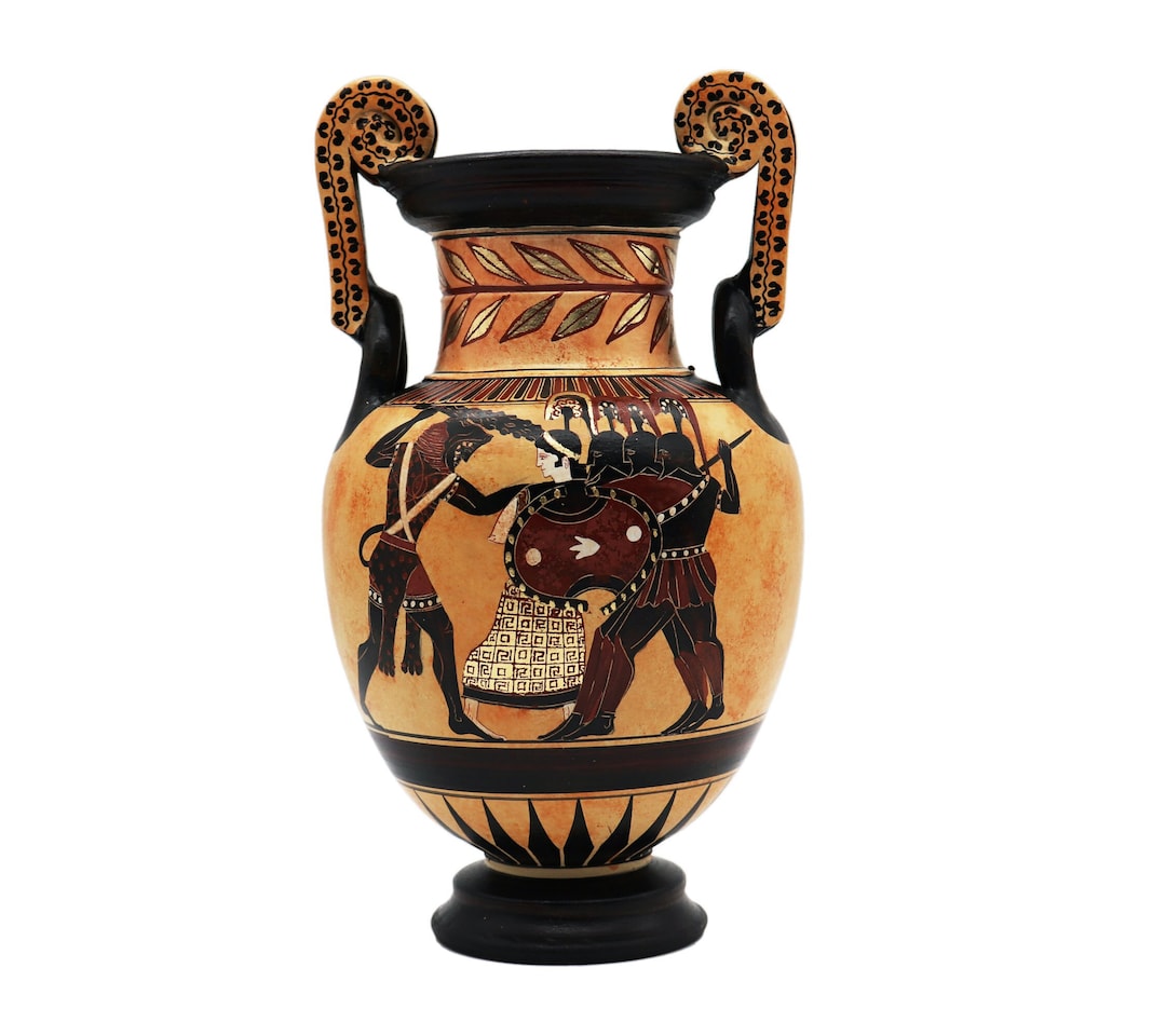 クラテル 古代ギリシャの陶器、ヘラクレスと戦う戦士、黒像、手作りの