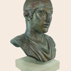 Heniokhos Cabeza Auriga de Delfos Busto Escultura de bronce Museo Reproducción Arte coleccionable Auriga Busto Réplica griega antigua Estatua