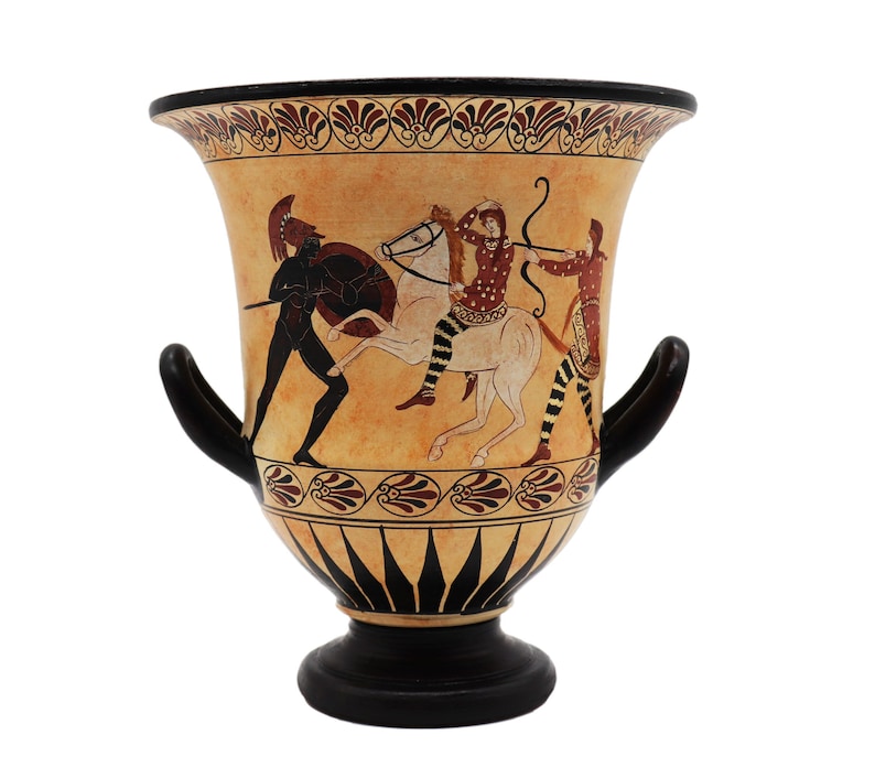 Greek pottery, Krater Vase, Black Figure Pottery, Ancient Greek Vase, Amphora with Achilles, Handmade replica, Ceramic vases, Krater Vessel image 1