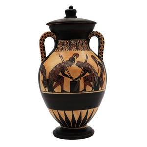 May include: A black and orange Greek amphora with a lid. The amphora is decorated with a black and orange geometric pattern and a scene of two warriors in black and orange.