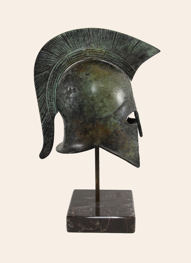 Meandros Crested Helmet Ancient Greek Bronze Corinthian Helmet Greek Key Sculpture Greek Museum Reproduction Handmade Artifact Verdigris