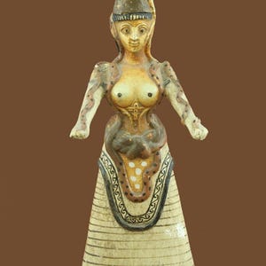 Minoan Snake Goddess With Closed Hands Plaster Casting Ancient Greek Sculpture Colored Patina Museum Replica Minoan Ancient Collectible Art