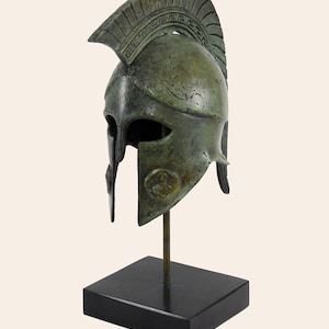 Spartan Warrior Bronze Helmet Greek Key Crest Helmet Museum Inspired Copy Verdigris Sculpture Greek Hoplite Handmade Artifact