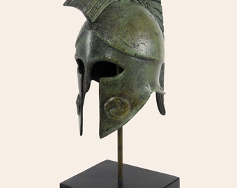 Spartan Warrior Bronze Helmet Greek Key Crest Helmet Museum Inspired Copy Verdigris Sculpture Greek Hoplite Handmade Artifact