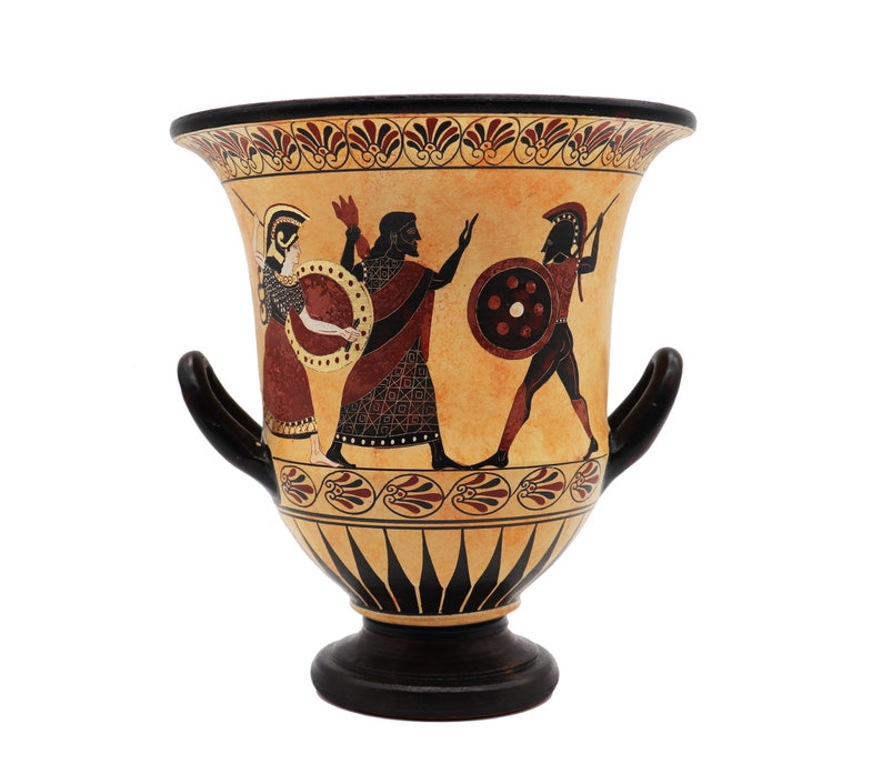 Greek pottery, Krater Vase, Black Figure Pottery, Ancient Greek Vase, Amphora with Achilles, Handmade replica, Ceramic vases, Krater Vessel image 2
