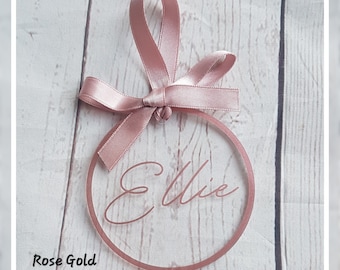 personalised christmas tree decoration - flat acrylic bauble - decoration - tree - personalized - ribbon - bow - rose gold - gift -  bauble