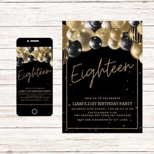 Personalised Birthday invitation editable digital template | 18 | Eighteen | Black | Gold | birthday | Adult | For Him | For Her