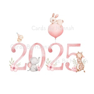 Anniversaire | Fille | Premier anniversaire | Nouveau bébé | Né en | 2025 | PNG | conception de cartes | Téléchargement numérique instantané | Clipart Animaux de safari dans la jungle
