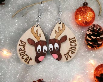 Prancer Reindeer Wooden Earrings: Hand-Painted Laser Cut Christmas Jewelry