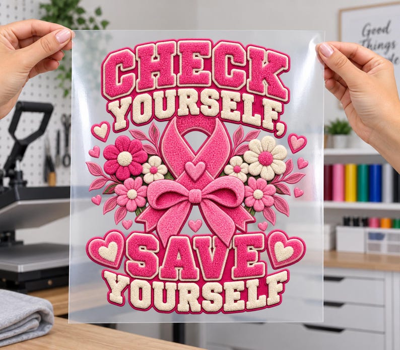 May include: A clear transfer sheet featuring a pink breast cancer awareness ribbon, flowers, and hearts with the text "CHECK YOURSELF, SAVE YOURSELF" in a textured, raised-effect font. The design uses shades of pink and cream throughout.