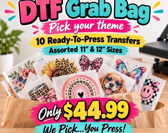 May include: A brown paper bag filled with 10 ready-to-press DTF transfers in assorted 11-inch and 12-inch sizes. The designs include floral patterns, a leopard print sunflower, a pink bow, a rainbow, a dog with heart glasses, and a smiley face.