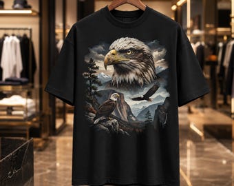 Wildlife Graphic T-Shirt, Wolf Deer Horse Shark Cat Dragon Tee (Black)