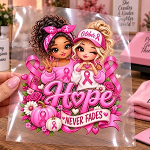 May include: A clear DTF transfer sheet featuring two cartoon characters with pink breast cancer awareness ribbons, pink pumpkins, and flowers. The design includes the text Hope and NEVER FADES in pink, with additional pink ribbon icons throughout.