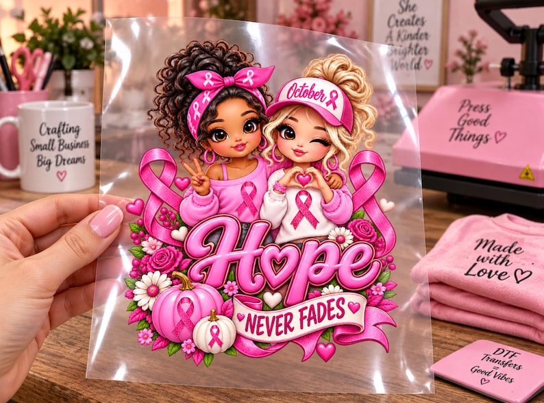 May include: A clear DTF transfer sheet featuring two cartoon characters with pink breast cancer awareness ribbons, pink pumpkins, and flowers. The design includes the text Hope and NEVER FADES in pink, with additional pink ribbon icons throughout.